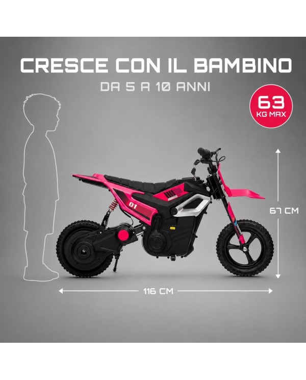 Moto Elettrica per Bambini 24V 10Ah Thunder Pro Motore 350W Ruote Gonfiabili 12" Freno a Disco, Sedile in Pelle, 5-10 Anni Rosa|Toys Car