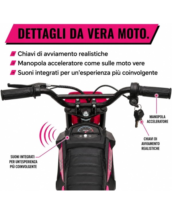 Moto Elettrica per Bambini 24V 10Ah Thunder Pro Motore 350W Ruote Gonfiabili 12" Freno a Disco, Sedile in Pelle, 5-10 Anni Rosa|Toys Car