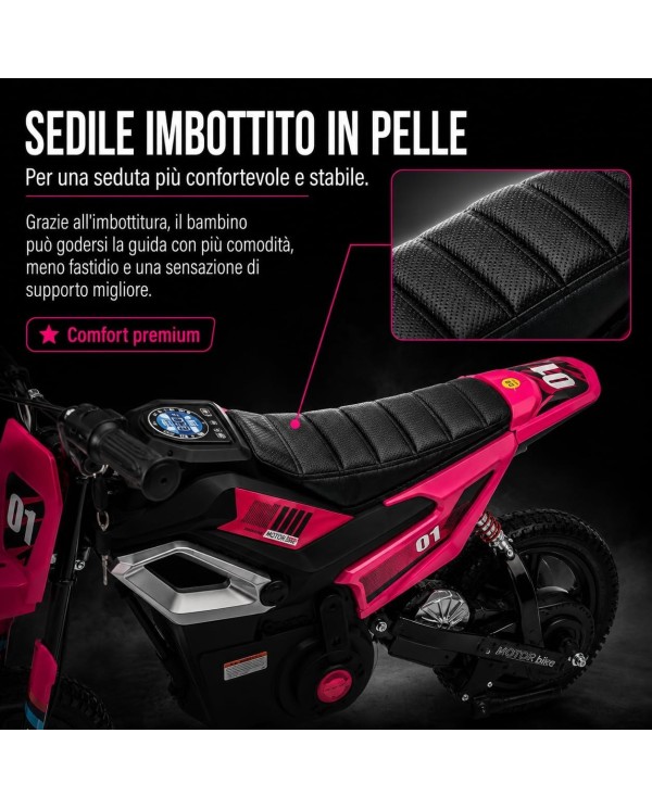 Moto Elettrica per Bambini 24V 10Ah Thunder Pro Motore 350W Ruote Gonfiabili 12" Freno a Disco, Sedile in Pelle, 5-10 Anni Rosa|Toys Car