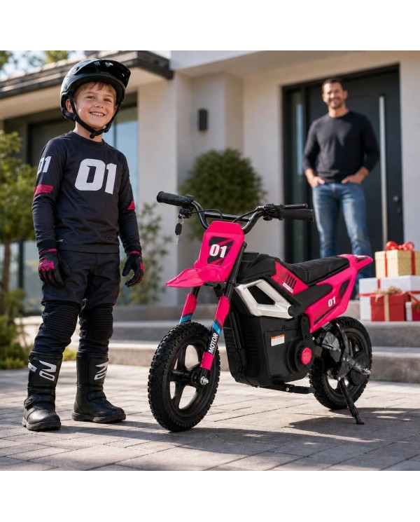 Moto Elettrica per Bambini 24V 10Ah Thunder Pro Motore 350W Ruote Gonfiabili 12" Freno a Disco, Sedile in Pelle, 5-10 Anni Rosa|Toys Car