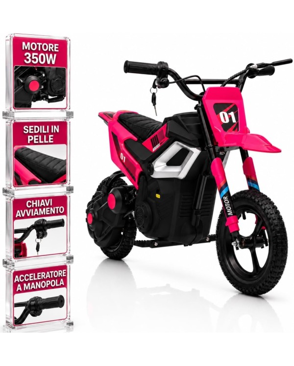 Moto Elettrica per Bambini 24V 10Ah Thunder Pro Motore 350W Ruote Gonfiabili 12" Freno a Disco, Sedile in Pelle, 5-10 Anni Rosa|Toys Car