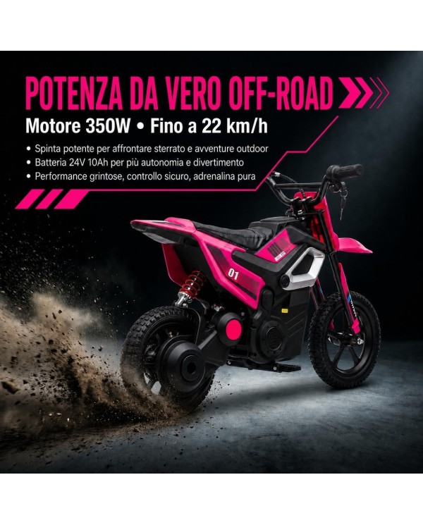 Moto Elettrica per Bambini 24V 10Ah Thunder Pro Motore 350W Ruote Gonfiabili 12" Freno a Disco, Sedile in Pelle, 5-10 Anni Rosa|Toys Car