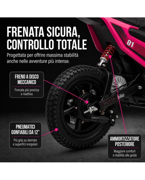 Moto Elettrica per Bambini 24V 10Ah Thunder Pro Motore 350W Ruote Gonfiabili 12" Freno a Disco, Sedile in Pelle, 5-10 Anni Rosa|Toys Car
