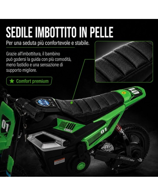 Moto Elettrica per Bambini 24V 10Ah Thunder Pro Motore 350W Ruote Gonfiabili 12" Freno a Disco, Sedile in Pelle, 5-10 Anni Verde|Toys Car