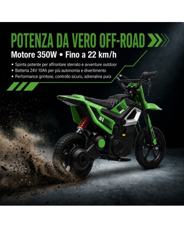 Moto Elettrica per Bambini 24V 10Ah Thunder Pro Motore 350W Ruote Gonfiabili 12" Freno a Disco, Sedile in Pelle, 5-10 Anni Verde|Toys Car