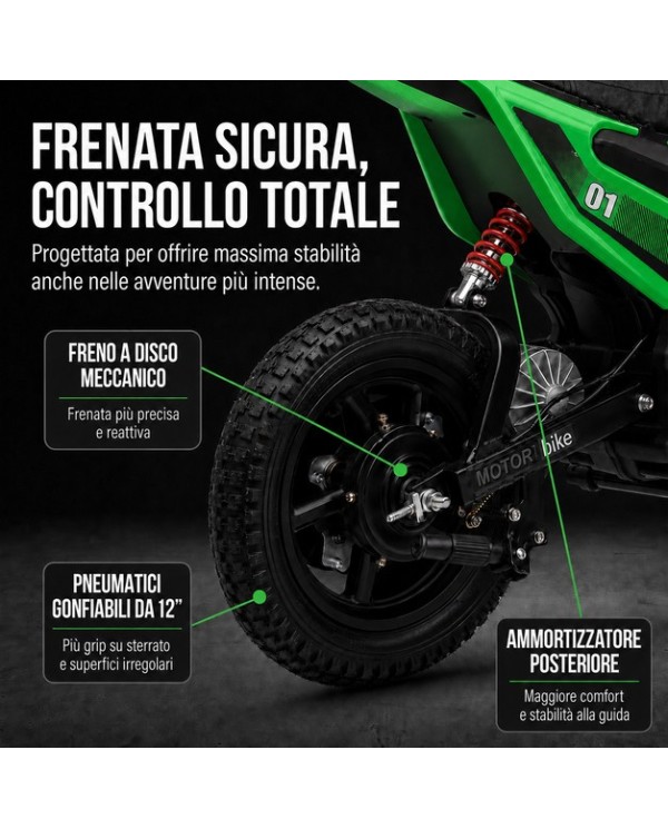 Moto Elettrica per Bambini 24V 10Ah Thunder Pro Motore 350W Ruote Gonfiabili 12" Freno a Disco, Sedile in Pelle, 5-10 Anni Verde|Toys Car