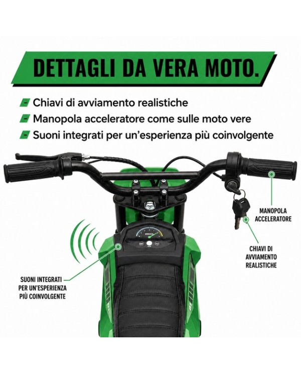 Moto Elettrica per Bambini 24V 10Ah Thunder Pro Motore 350W Ruote Gonfiabili 12" Freno a Disco, Sedile in Pelle, 5-10 Anni Verde|Toys Car