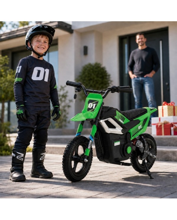 Moto Elettrica per Bambini 24V 10Ah Thunder Pro Motore 350W Ruote Gonfiabili 12" Freno a Disco, Sedile in Pelle, 5-10 Anni Verde|Toys Car