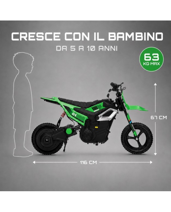 Moto Elettrica per Bambini 24V 10Ah Thunder Pro Motore 350W Ruote Gonfiabili 12" Freno a Disco, Sedile in Pelle, 5-10 Anni Verde|Toys Car