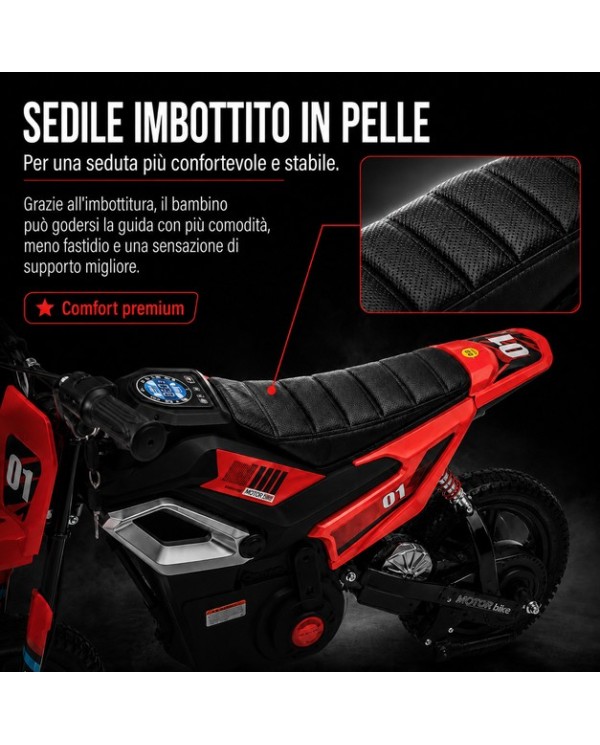 Moto Elettrica per Bambini 24V 10Ah Thunder Pro Motore 350W Ruote Gonfiabili 12" Freno a Disco, Sedile in Pelle, 5-10 Anni rossa|Toys Car