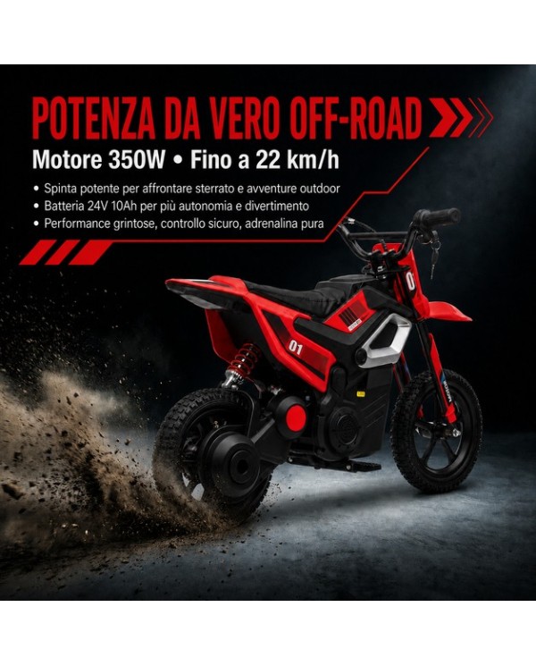 Moto Elettrica per Bambini 24V 10Ah Thunder Pro Motore 350W Ruote Gonfiabili 12" Freno a Disco, Sedile in Pelle, 5-10 Anni rossa|Toys Car