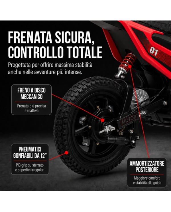 Moto Elettrica per Bambini 24V 10Ah Thunder Pro Motore 350W Ruote Gonfiabili 12" Freno a Disco, Sedile in Pelle, 5-10 Anni rossa|Toys Car