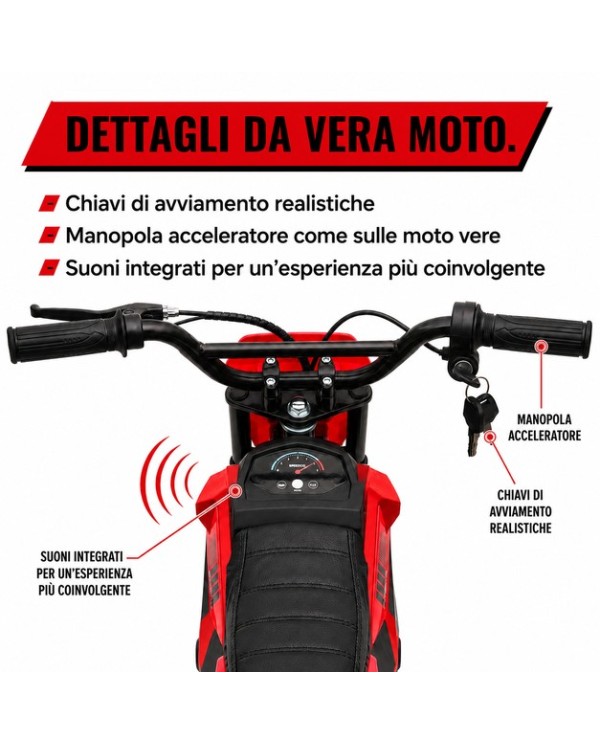 Moto Elettrica per Bambini 24V 10Ah Thunder Pro Motore 350W Ruote Gonfiabili 12" Freno a Disco, Sedile in Pelle, 5-10 Anni rossa|Toys Car