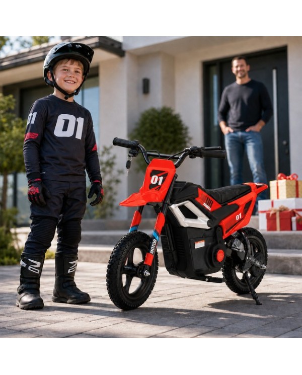Moto Elettrica per Bambini 24V 10Ah Thunder Pro Motore 350W Ruote Gonfiabili 12" Freno a Disco, Sedile in Pelle, 5-10 Anni rossa|Toys Car