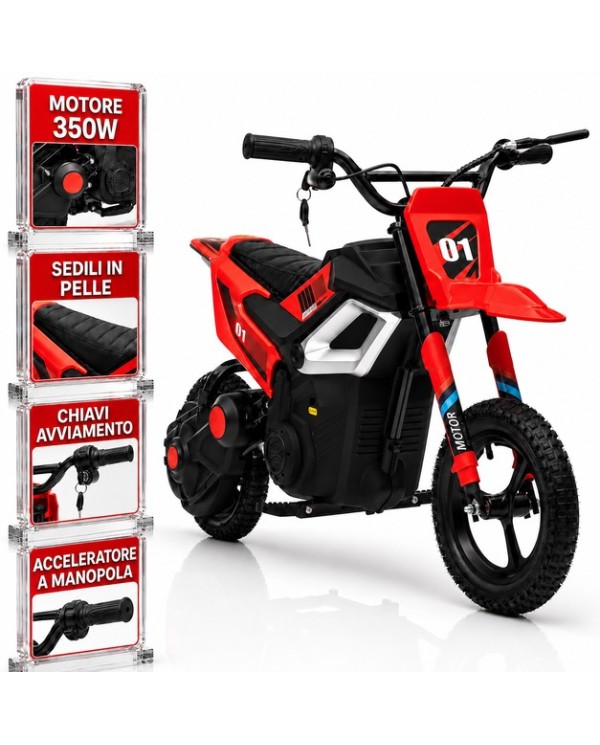 Moto Elettrica per Bambini 24V 10Ah Thunder Pro Motore 350W Ruote Gonfiabili 12" Freno a Disco, Sedile in Pelle, 5-10 Anni rossa|Toys Car