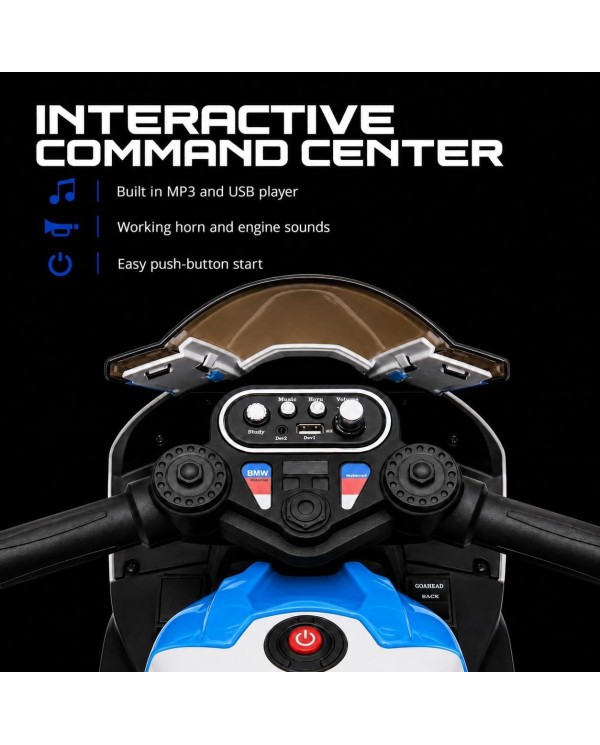 Moto Elettrica Bambini 12V BMW HP4 Race Ufficiale 3 Ruote Sedile in Pelle LED USB AUX 18-60 Mesi