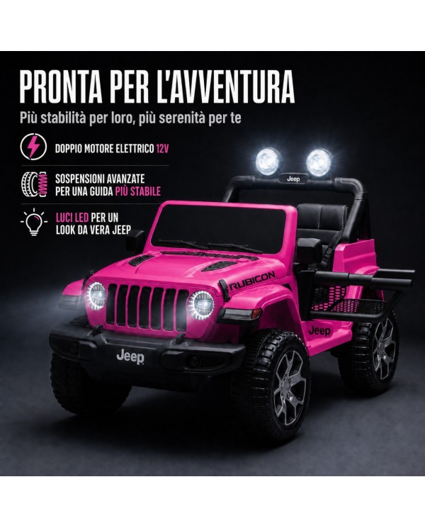 Jeep Wrangler Rubicon 12V rosa con doppio motore, sospensioni e luci LED