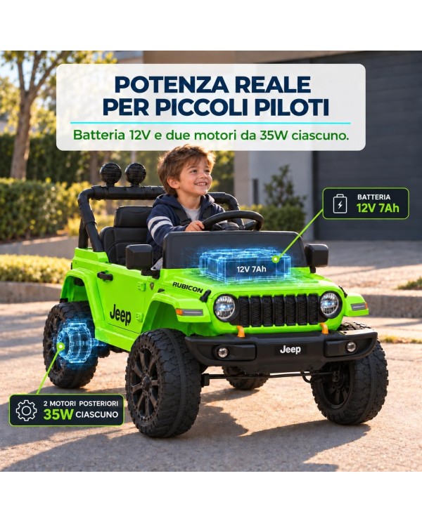 TOYSCAR Jeep Wrangler Rubicon elettrica bambini 12V 7Ah, telecomando, 2 motori 35W, sedile in pelle e tappetini|Toys Car