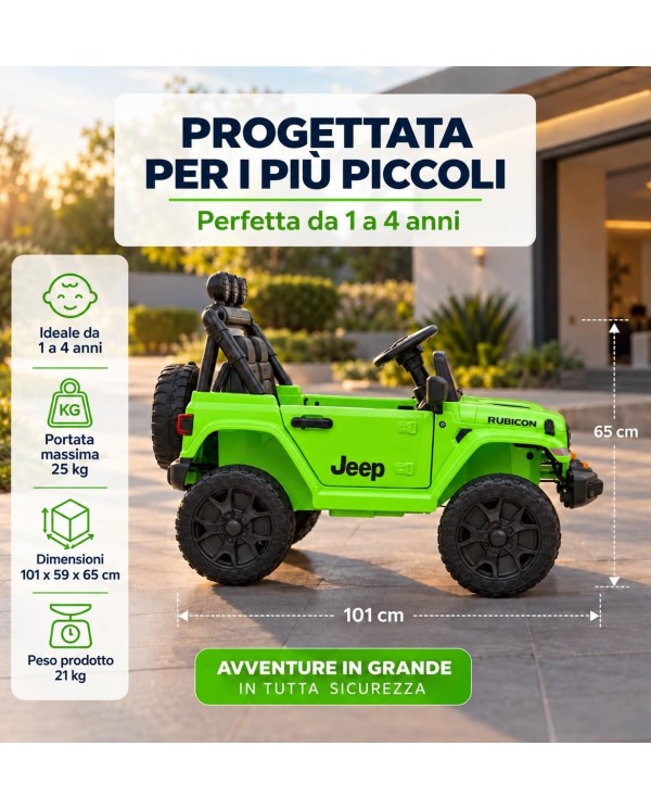 TOYSCAR Jeep Wrangler Rubicon elettrica bambini 12V 7Ah, telecomando, 2 motori 35W, sedile in pelle e tappetini|Toys Car
