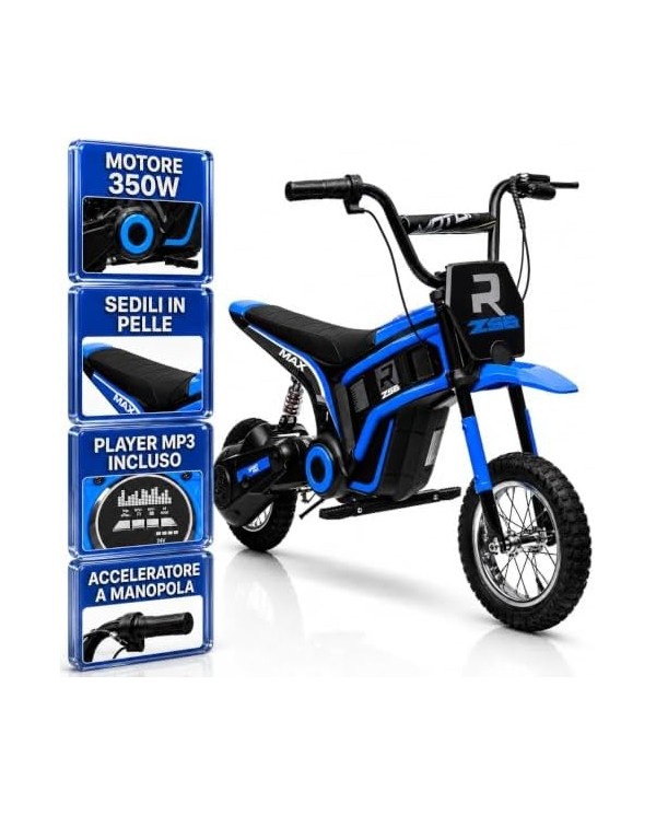 Moto elettrica Raptor X SX2328 blu 24V 350W con sedile in pelle e ruote gonfiabili