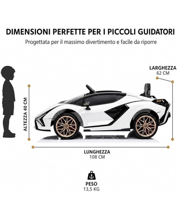 Auto Macchina Elettrica per Bambini 12V Lamborghini Sián Bianca Sedile in Pelle Telecomando Porte Apribili LED Bluetooth Radio|Toyscar