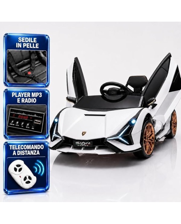 Auto Macchina Elettrica per Bambini 12V Lamborghini Sián Bianca Sedile in Pelle Telecomando Porte Apribili LED Bluetooth Radio|Toyscar