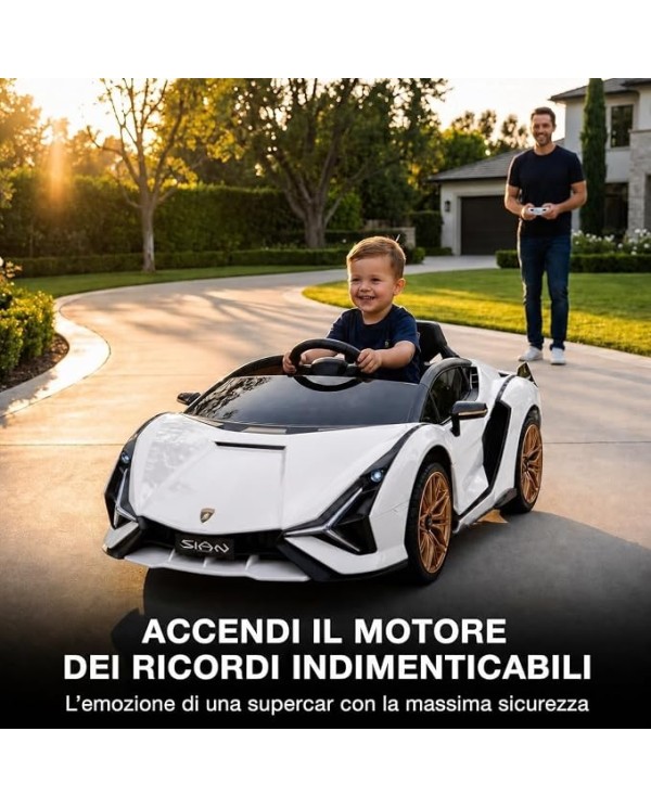 Auto Macchina Elettrica per Bambini 12V Lamborghini Sián Bianca Sedile in Pelle Telecomando Porte Apribili LED Bluetooth Radio|Toyscar