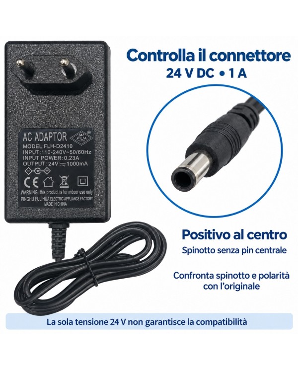 Connettore cilindrico senza pin centrale, polarità positiva al centro - 24VCAR