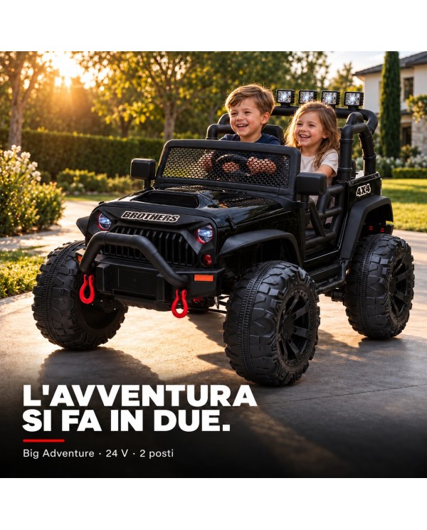 Auto Elettrica per Bambini Big Adventure 24V Nera 2 Posti 400W Sedile in Pelle con Tappetini|Toyscar