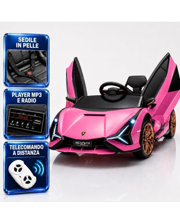 Auto Elettrica per Bambini 12V Lamborghini Sian Sedile in Pelle Telecomando Porte Apribili LED Bluetooth e Radio Rosa|Toyscar
